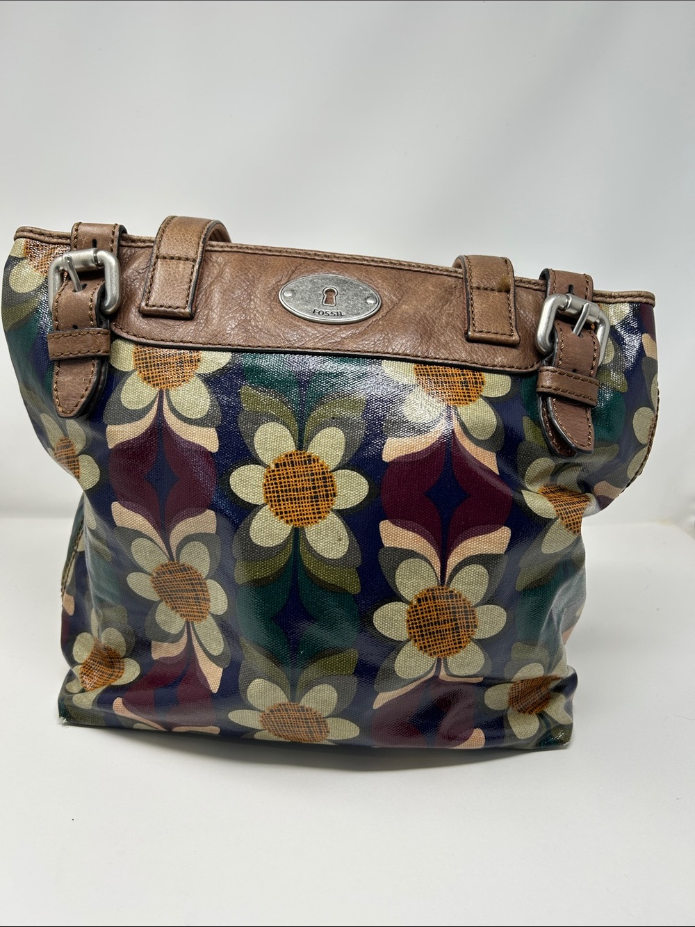 Fossil Y2k Vintage Key Per Floral Coated Canvas Brown Leather-Trim Tote Bag